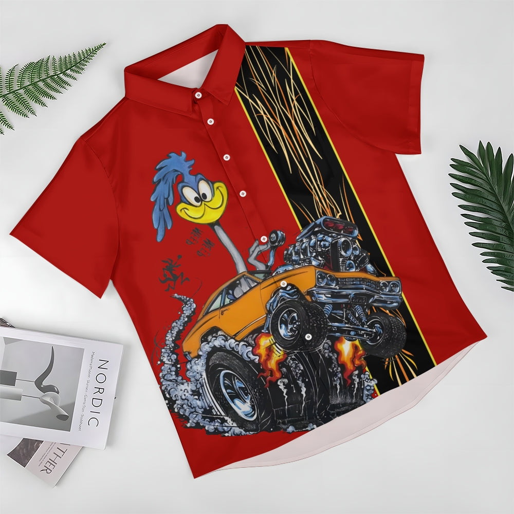 Classic Cartoon Modified Car Pinstripe Contrast Short Sleeve Shirt 2406000597