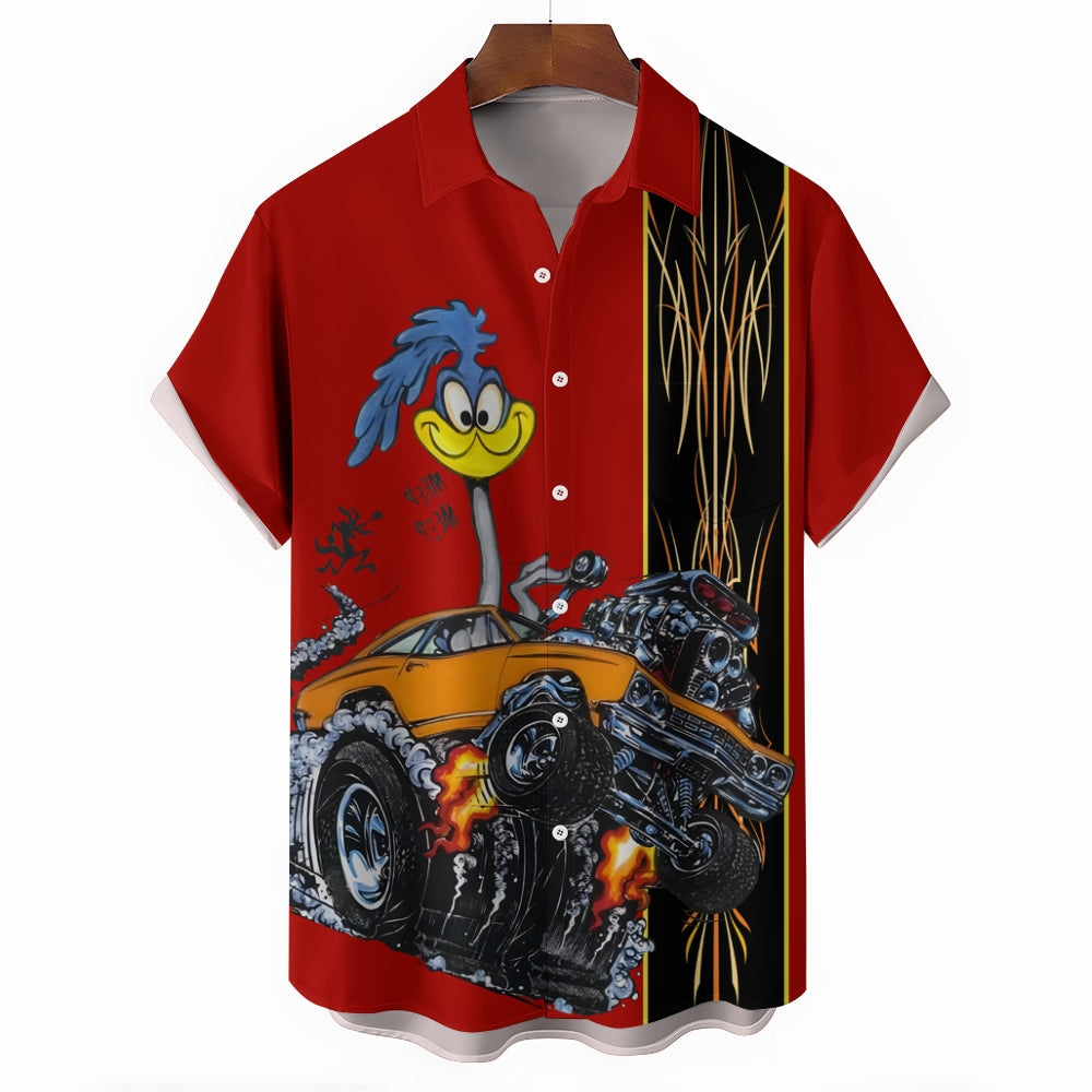 Classic Cartoon Modified Car Pinstripe Contrast Short Sleeve Shirt 2406000597