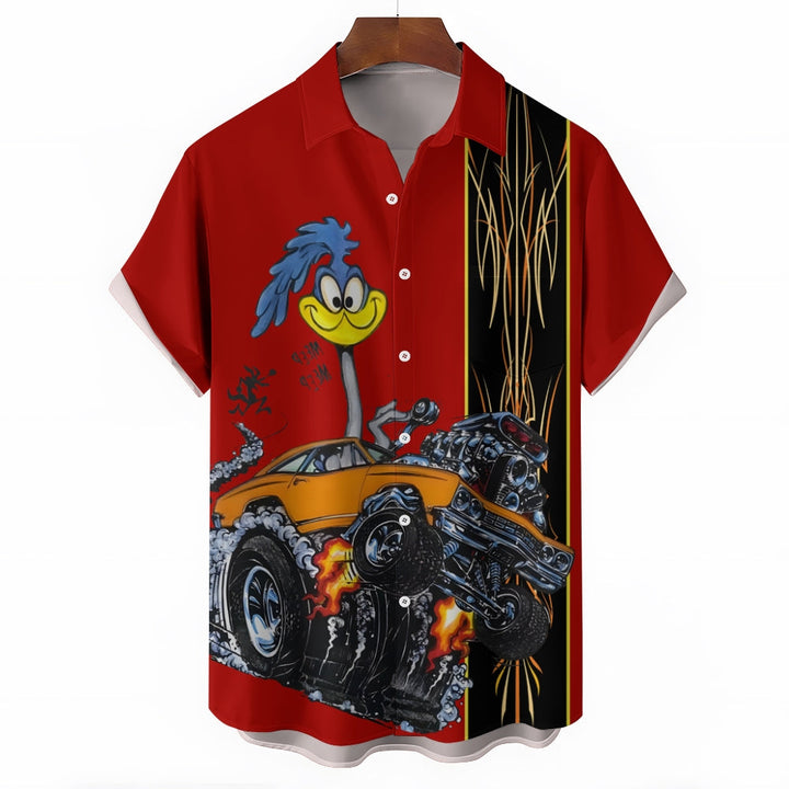 Classic Cartoon Modified Car Pinstripe Contrast Short Sleeve Shirt 2406000597