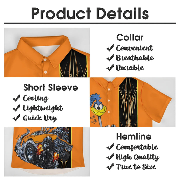 Classic Cartoon Modified Car Pinstripe Contrast Short Sleeve Shirt 2406000597