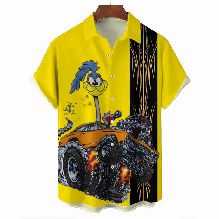 Classic Cartoon Modified Car Pinstripe Contrast Short Sleeve Shirt 2406000597